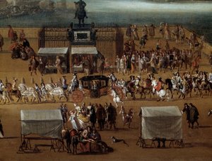 17世紀のパリ、ポン・ヌフのアンリ4世像の前を通過するコルテッジ 詳細匿名の絵画。パリ、カルナヴァレ美術館 作： Anonymous Anonymous