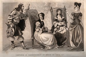 ルイ14世の王政初期（1650年）のコスチューム。1859年に出版された「Le Monde」に掲載された図版。M. E. de Lostalot-Bachoue (Lostalot Bachoue)による「最も遠い時代から現代までの全民族の歴史」。個人蔵。 作： Anonymous Anonymous