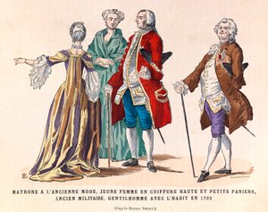 1762年（ルイ15世の時代）の古いファッショナブルな寮母、高い髪型に小さな籠を持った若い女性、元軍人、スーツを着た紳士の衣装 - 個人蔵 作： Anonymous Anonymous