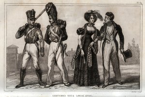 ルイ18世時代のコスチューム。1859年の「Le Monde」に掲載された版画。M. E. de Lostalot-Bachoue (Lostalot Bachoue)による「最も遠い時代から現代までの全民族の歴史」に掲載された1859年の作品。個人蔵。 作： Anonymous Anonymous