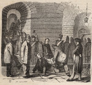 19世紀のロシュフォールのバッグンでの結合。ピエール・ザッコーネ（1817-1895）の「Histoire des bagnes depuis leur création à nos jours」（1877年）に掲載されている版画（Colonia Penale - Penal colony）。個人蔵。 作： Anonymous Anonymous