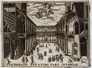 17世紀のイタリア、パドゥー大学（パドヴァ）の宮廷。17世紀の匿名のエングレーヴィング。ミラネーゼ． 作： Anonymous Anonymous