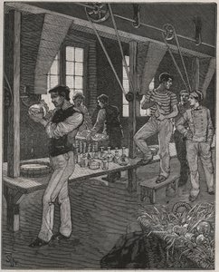 19世紀のフランスのクリスタル彫刻家の工房。Adolphe BITARDの "Les arts et metiers illustres "に掲載された1885年の彫刻。
