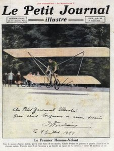 フランスの発明家で自転車乗りのガブリエル・プーランが、エンジンなしで数メートル飛ぶことができる複葉機の翼を備えた自転車「アビエット」に乗っている姿を描いた専用ポートレート。イラストは1921年7月24日の「Le petit journal illustrious」から引用。 作： Anonymous Anonymous