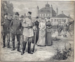 デンマークのフレデンスボーでロシア皇帝ニコライ2世（1868-1918）の狩猟に出かける。1893年「Le Petit Parisien」誌に掲載された版画。 作： Anonymous Anonymous
