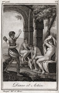 ディアーヌとアクテオン（Diana and Actaeon） 狩人アクテオンに風呂で驚かれるディアーヌ。シャルル・アルベール・ドゥムスティエ（1760-1801）の「Lettres a Emilie sur la mythologie」の中の1819年のエングレーヴィング。個人蔵。 作： Anonymous Anonymous