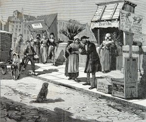 1796年頃のパリの橋の上の犬のトリマーたち、エングレーヴィング、個人蔵 作： Anonymous Anonymous