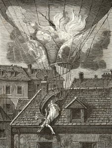 1819年7月6日、パリのチボリ公園上空での飛行士マダム・ソフィー・ブランシャール（1778-1819）の劇的な死、エングレーヴィング、プライベート・コレクション 作： Anonymous Anonymous