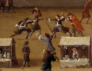 17世紀のパリ、ポンヌフでの決闘シーン 詳細匿名の絵画。パリ、カルナヴァレ美術館 作： Anonymous Anonymous
