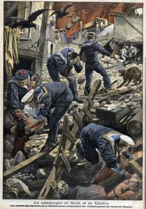 1909年シチリア、カラブリアの震災（地震） - メッシーナの廃墟で犠牲者を探すメディテラニーの船員たち - 1909年1月の「小誌」。 作： Anonymous Anonymous