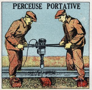 電動工具：ポータブルドリル。1925年の匿名のイラスト。個人蔵。 作： Anonymous Anonymous