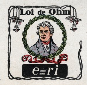 電気の単位。物理学者ジョージ・サイモン・オーム（1787〜1854）の「オームの法則」。1925年の匿名のイラスト。個人蔵。 作： Anonymous Anonymous