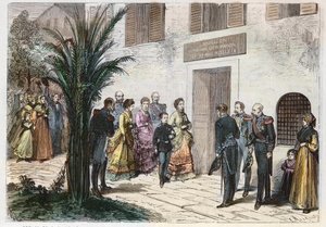 フランス・コルシカ島アジャクシオにあるナポレオン1世の生家を訪れるウジェニア皇后と皇太子ルイ・ナポレオン 1869年 - 皇后と皇太子の航海 - ナポレオン1世の生家をアジャクシオに訪問 - 1869年 作： Anonymous Anonymous