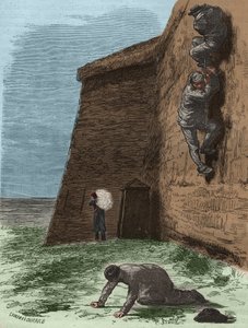 19世紀のロシュフォールのバッグンからの脱出。ピエール・ザッコーネ（1817-1895）の「Histoire des bagnes depuis leur création à nos jours」（1877年）に掲載された版画（コロニア・ペナーレ-流刑地）。個人蔵。 作： Anonymous Anonymous