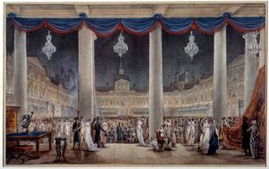 1801年、ルーヴル美術館の中庭広場で行われた工業製品の展示会 グワッシュと匿名の水彩画。1801.パリ、カルナヴァレ美術館 作： Anonymous Anonymous