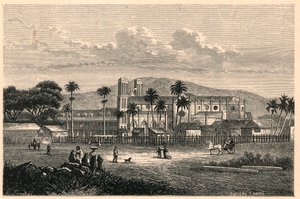 トリニダード（トリニダード・トバゴ、Trinidad and Tobago）にあるポート・オブ・スペイン（Port of Spain）の大聖堂の外観。Louis-Eugene (Louis Eugene) Louvet著「Les Missions Catholiques au XIXeme Siecle」に掲載されたエングレーヴィング。個人蔵。