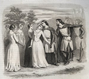 ハンガリー（チューリンゲン）の聖女エリザベス（1207-1231）が、1227年に第6回十字軍に出発する夫、チューリンゲンのルイ4世（1200-1227）に別れを告げる場面。1846年の「Lives of the saints」に掲載された版画。個人蔵。 作： Anonymous Anonymous