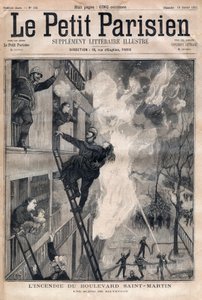 パリの消防士：サン・マルタン大通りの火災の際の救助シーン。1891年の "Le petit Parisien "に掲載された版画。個人蔵。 作： Anonymous Anonymous