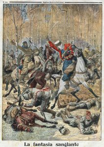 第一次世界大戦1914-1918（14-18）。"血のファンタジア"。森の中で、30人のウーラン（槍を持ったドイツ軍の騎兵）の部隊が、勝利した8人のアルジェリア人スパイスと戦っている。1915年11月28日、「Le Petite Journal」に掲載されたエングレーヴィング。個人蔵。