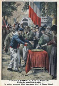 第一次世界大戦1914-1918（第14-18次大戦）。Saintes Maries de la Mer（サンテ・マリーズ・ド・ラ・メール）の祭りで、水兵たちは国防のための援助資金として金の指輪を国民に提供した。1916年11月12日の「Le Petite Journal」紙に掲載された。個人蔵 作： Anonymous Anonymous