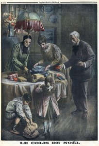 第一次世界大戦1914-1918（戦争14-18）。クリスマス・ギフト。クリスマスイブに戦場の父から受け取った小包を受け取り、開封する子供たち。1916年12月24日の "Le Petite Journal "にて。個人蔵 作： Anonymous Anonymous