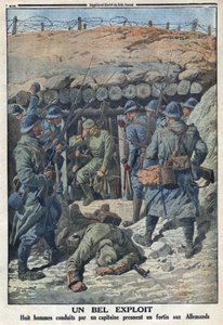 第一次世界大戦1914-1918（大戦14-18）。大尉に率いられたフランス軍の8人の兵士が、ドイツ軍から砦を奪いました。1916年9月3日の「Le Petité Journal」に掲載。個人蔵 作： Anonymous Anonymous