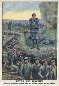 第一次世界大戦1914-1918（第14-18次大戦）。"ヘッドヘッド"：フランス軍の部隊が征服した塹壕の中で、ドイツ人捕虜を汚す。1916年3月5日の "Le Petité Journal "にて。個人コレクション 作： Anonymous Anonymous