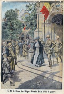 第一次世界大戦1914年～1918年（第14次～18次）。ベルギー女王エリザベート・ド・バビエール（1876-1965）陛下に戦没者十字章が授与された。"Le Petite Journal "にて 作： Anonymous Anonymous