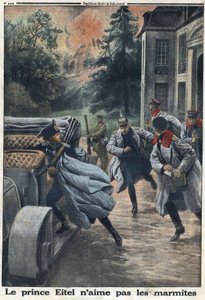 第一次世界大戦1914-1918（第14次世界大戦-第18次世界大戦）。プロイセンのアイテル・フレデリック王子（1883-1942）は、クーロンミエの町でイギリス軍の接近に逃げ惑った。1916年1月10日、「Le Petite Journal」にて。個人蔵