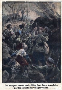 第一次世界大戦1914-1918（大戦14-18）。塹壕の中で近隣の村の子供たちから燃料を補給されるロシア軍部隊。Le Petite Journal "にて、1916年04月02日。個人蔵