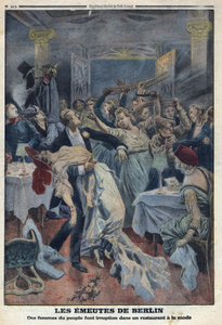 第一次世界大戦1914-1918（戦争14-18）。民衆の女性たちがおしゃれなレストランに押し入り、夫の返還を要求する。Le Petite Journal "にて、1916年1月16日付。個人蔵 作： Anonymous Anonymous