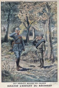 第一次世界大戦1914-1918（第14次世界大戦-第18次世界大戦）。フランス陸軍の連隊に所属する若きロシア兵イグナートフの姿。Le Petité Journal "にて、1916年5月21日付。個人蔵