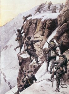 第一次世界大戦：アルプスのタケットシュピッツ（Tuckett-SpitzeまたはTuckett peak）の頂上を登るイタリアのアルパインハンター（alpinoまたはalpini）、1915年頃 イラスト："La domenica del corriere "より 作： Anonymous Anonymous
