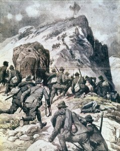 第一次世界大戦："イタリアのアルプスハンター（アルピーノまたはアルピーニ）がイタリアアルプスのカウリョールの頂上に登る" 1916年 "La domenica del corriere "のイラスト