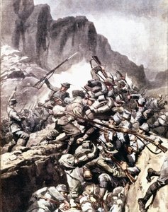 第一次世界大戦："イタリアアルプス、ピエモンのヴァル・デ・インフェルノでのイタリア人アルパインハンター（アルピーノまたはアルピーニ）とオーストリア・ハンガリー軍の兵士との衝突" 1916年 "La domenica del corriere "のイラスト