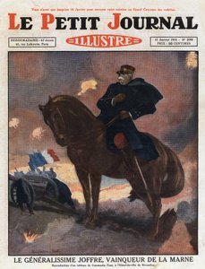 第一次世界大戦：馬に乗ったジョセフ・ジョッフル将軍（1852-1931）の肖像、ラ・マルヌの戦場で勝利者として表現されている（1914年9月）」コンスタンティン・フォントの絵画からのイラスト。1931年の "Le petit journal illustrious "のエングレーヴィング。 作： Anonymous Anonymous