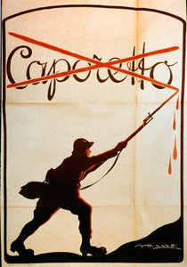 第一次世界大戦：1917年10月末のカポレットの敗北（カルフリートの戦い）の際に発表されたポスターで、バオネットの先から "カポレット "の名を剥ぎ取ったイタリア軍の兵士を描いたもの。イラストレーターは不明 作： Anonymous Anonymous
