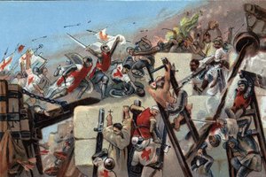 第一回十字軍（1096-1099）：1099年7月15日、ブイヨンのゴデフロイ（Godefroi）（1061-1100）に率いられたクロイスがエルサレムを占領したこと。20世紀初頭、ブリュッセルのアントワーヌ・ショコラの広告用クロモリトグラフ。個人蔵 作： Anonymous Anonymous