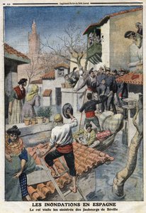 スペインの洪水。国王アルフォンソ13世（1886-1941）はセビリアの不吉な郊外を訪れる。1912年2月25日、「Le Petite Journal」に掲載されたエングレーヴィング。個人蔵。 作： Anonymous Anonymous