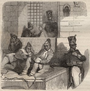 19世紀、ロシュフォールのバッグンで休息するフォルカ。ピエール・ザッコーネ（1817-1895）の「Histoire des bagnes depuis leur création à nos jours」（1877年）に掲載されている版画（コロニア・ペナーレ＝流刑地）。 作： Anonymous Anonymous