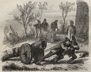 19世紀のトゥーロン・バッグンでのフォルカッツ・ブシュロン。ピエール・ザッコーネ（1817-1895）の「Histoire des bagnes depuis leur création à nos jours」（1877年）に掲載された版画（Colonia Penale - Penal colony）。個人蔵。 作： Anonymous Anonymous