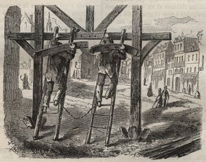 19世紀のトゥーロン・バッグンのフォルカッツ大工たち。ピエール・ザッコーネ（1817-1895）の「Histoire des bagnes depuis leur création à nos jours」（1877年）に掲載された版画（Colonia Penale - Penal colony）。個人蔵。