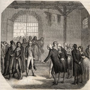 フランス革命 - ヘーベル主義者たち - 1794年3月23日、パリのコンシェルジュでのヘーベル主義者たち - - アルフォンス・ド・ラマルティーヌ（1790-1869）の「ジロンダンの歴史」に掲載されたエングレーヴィング 1865-1866 - 個人蔵 作： Anonymous Anonymous