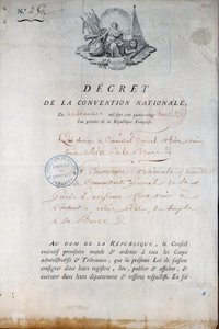 フランス革命。1792年11月12日、国民衛兵に王ルイ16世を神殿の牢獄から宮廷に連れてくるよう命じた大会の決定書。パリ警察庁 作： Anonymous Anonymous