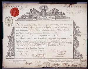フランス革命：カンブレー地方の旅団の中尉の、4年プレイリアル5日（1796年5月24日）付の軍人会談の公文書。ノール・リール県の公文書館 作： Anonymous Anonymous