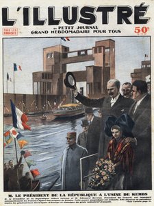 フランスの産業界。共和国大統領アルベール・ルブラン（1871-1950）と評議会議長エドゥアール・ヘリオ（1872-1957）が、アルザスのオー・ライン（Haut-Rhin）にあるケムズ（Kembs）の水力発電所の落成式を行った。見出しの刻印は「L
