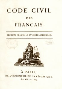 1804年3月21日にナポレオン・ボナパルトによって公布された「フランス民法」の12の原版のうちの1つの正面図。フランス市民権法。B.N.パリ 作： Anonymous Anonymous