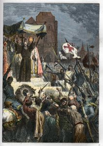 神はそれを望んでいる。クレルモン公会議（現在のオーヴェルニュ地方クレルモン・フェラン（Clermont-Ferrand））で、隠者ペテロ（1050-1115）が教皇ウルバン2世の前で最初の十字軍を説いた。 作： Anonymous Anonymous
