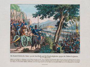 Guerre russo-turque de 1828-1829 - Russian army crosses the Pruth River into Moldavia on May 1828 par Anonymous, c. 1830 - Etching, watercolour. 作： Anonymous Anonymous