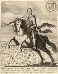 Gustave II Adolphe, dit le Grand ou le lion du Nord (1594-1632), roi de Suede, chevauchant la carte de Pomeranie - Gustavus Adolphus before the map of Pomerania in background - Anonymous - 1630 - Copper engraving - 30,4x23,9 - Private Collection 作： Anonymous Anonymous